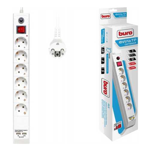 Сетевой фильтр BURO BU-SP1,8_USB_2A-W, 6 розеток, 1,8 м, White в ТехноПоинт